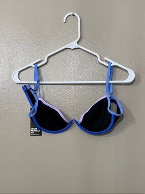 Underwire Bikini Top in Black with Blue and Lilac Trim